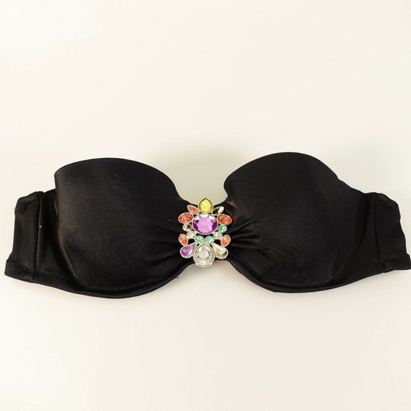 VICTORIA'S SECRET Black Balconette Bra 34A Padded Rhinestone Fabulous Ruched - Picture 1 of 12